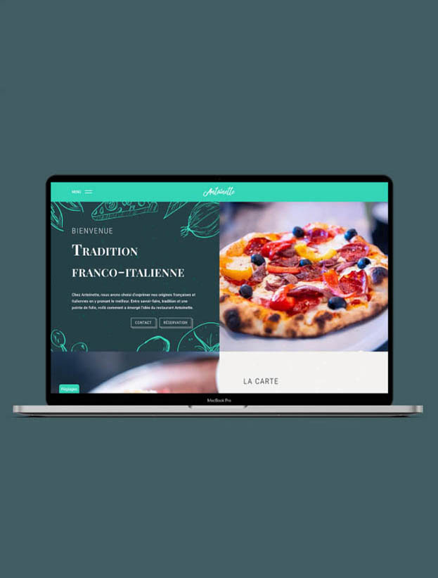 Mockup d'un MacBook Pro affichant le site internet du restaurant Antoinette