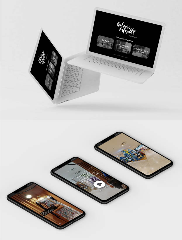 Mockup de MacBook Pro et d'iPhone affichant des images des Galeries Lafayette